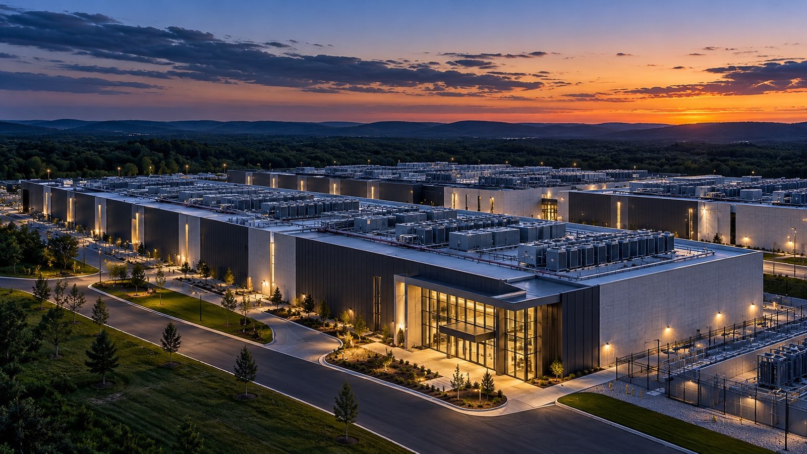 Conceptual data center campus at dusk